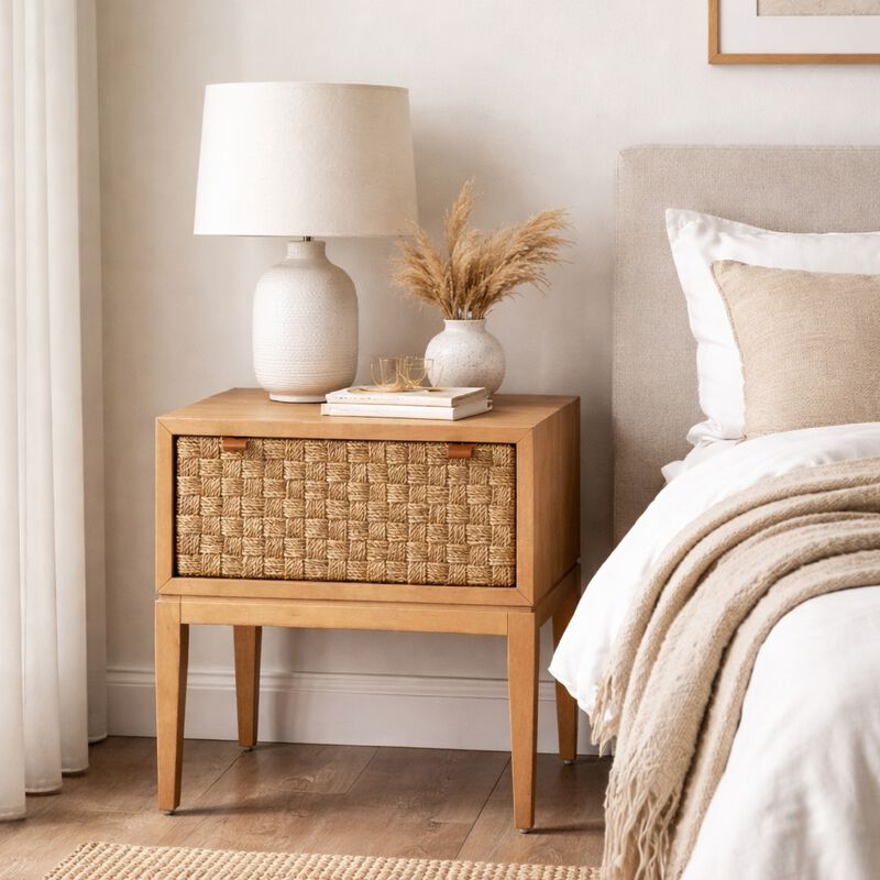 Rena Nightstand, 1 Drawer with Sea Grass Accent Front, Natural Brown image number 8