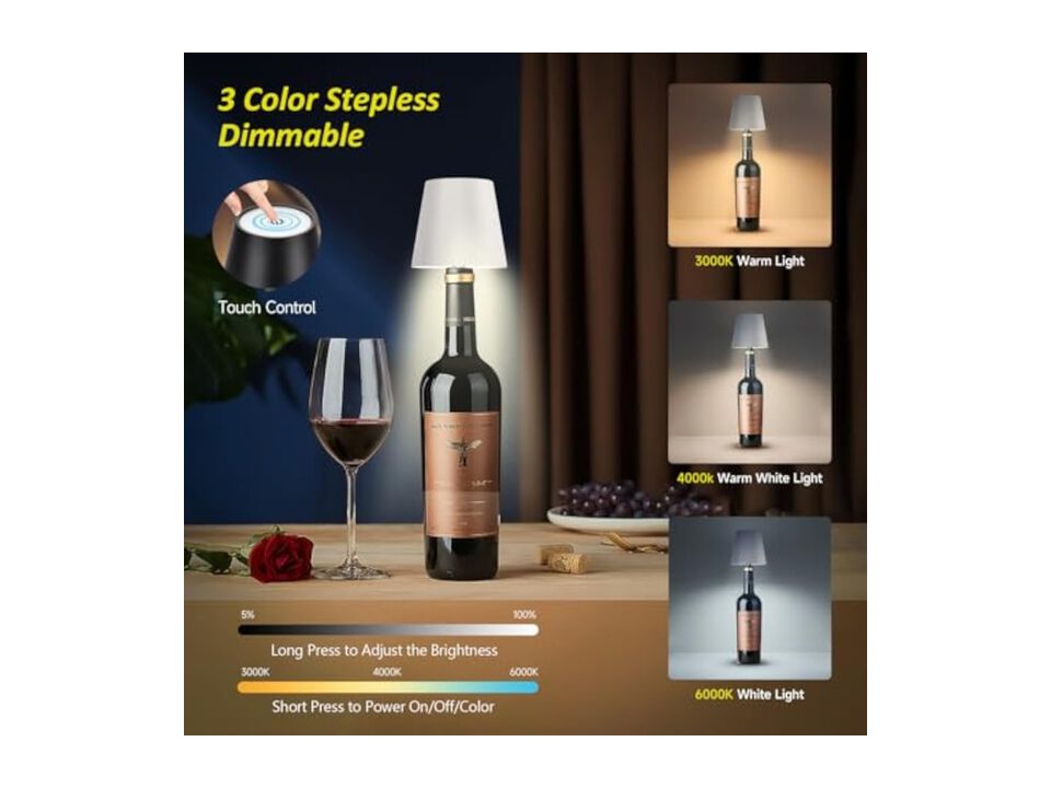 Rechargeable Cordless Dimmable Bottle Lamp For Home Bar Dining Room Restaurant