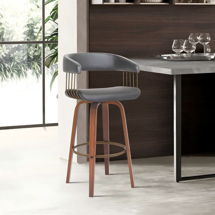 30.5" Swivel Walnut Wood Bar Stool in Gray Faux Leather with Golden Bronze Metal