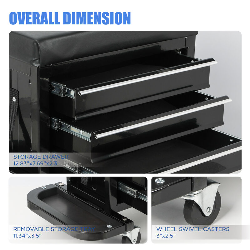ELEMENT ACE 3-Drawer Rolling Mechanic Seat with Tool Trays, 350lbs Maximum Weight Capacity, Heavy-Duty Garage Work Stool with Swivel Casters and Ample Tool Storage image number 2