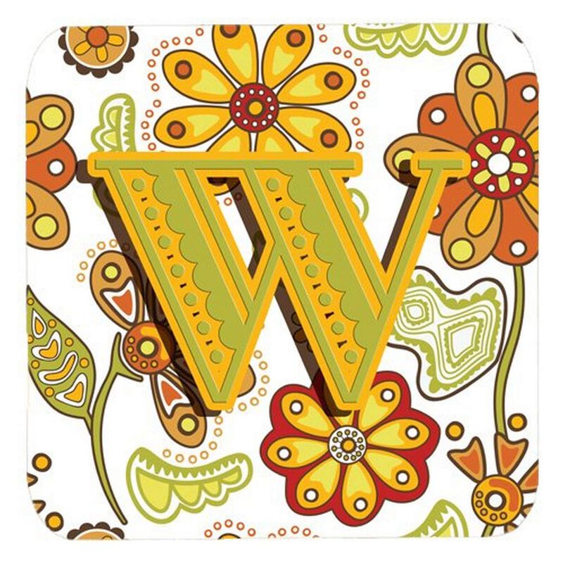 Caroline's Treasures CJ2003-WFC Letter W Floral Mustard and Green Foam Coasters (Set of 4), 3.5, Multicolor