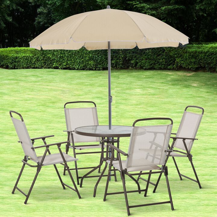 6 Piece Patio Dining Set for 4 with Umbrella, 4 Folding Dining Chairs & Round Glass Table for Garden, Backyard and Poolside, Beige