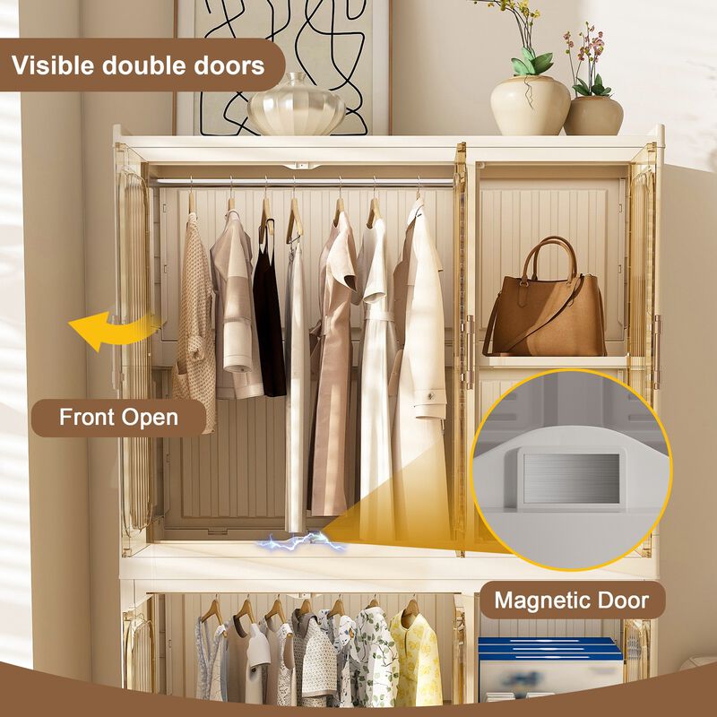Clihome Portable Wardrobe Closet Organizer,Clothes Dresser,6 Cubes&Magnetic Doors,with Hanging Rods,Hangers image number 5