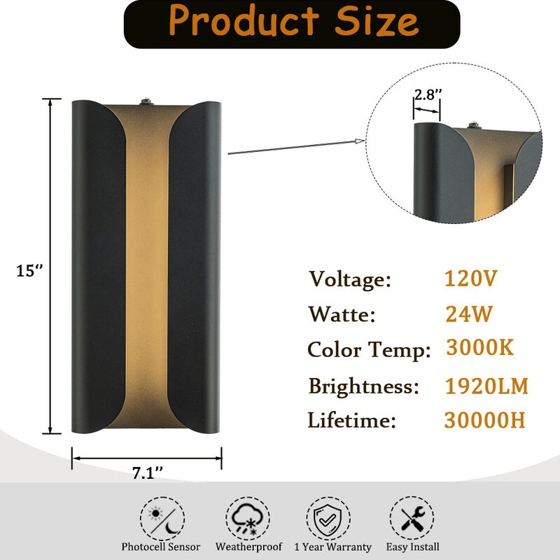 H15" Matte Black 24W Integrated LED Wall Sconce with Acrylic Shade Modern Simplicity Outdoor Wall Light with Dusk to Dawn Sensor for Porch Garage image number 5