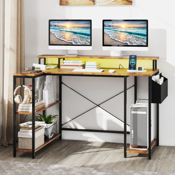 Hivvago L-Shaped Gaming Desk with LED Lights and Power Outlets