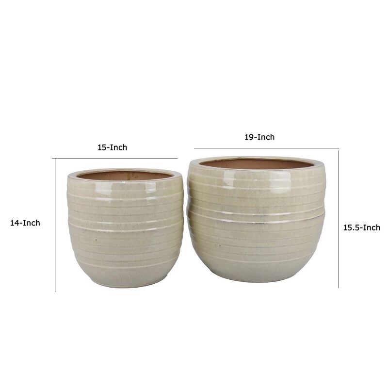 Paulo Barrel Planter Set of 2, Raised Ribbed Beige Ceramic 19, 15 Inch image number 5