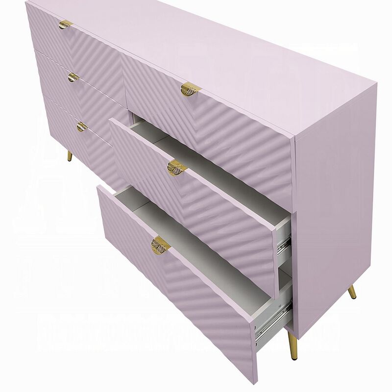 Tyra Wide Dresser, 6 Drawers, Gold Legs, Gloss Pink Chevron Pattern - Benzara