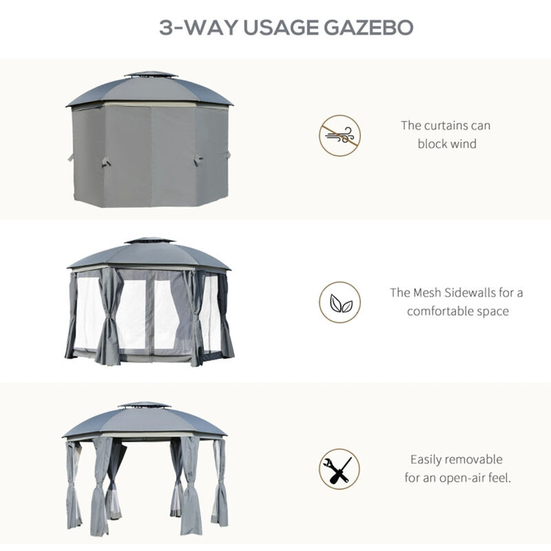 Round Outdoor Gazebo with Double Roof, Patio Dome Canopy Shelter with Netting Sidewalls and Zippered Doors