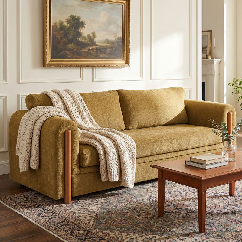 Merax Modern 3-Seater Chenille Sofa with Sculptural Curved Armrests & Rubber Wood Accents image number 2