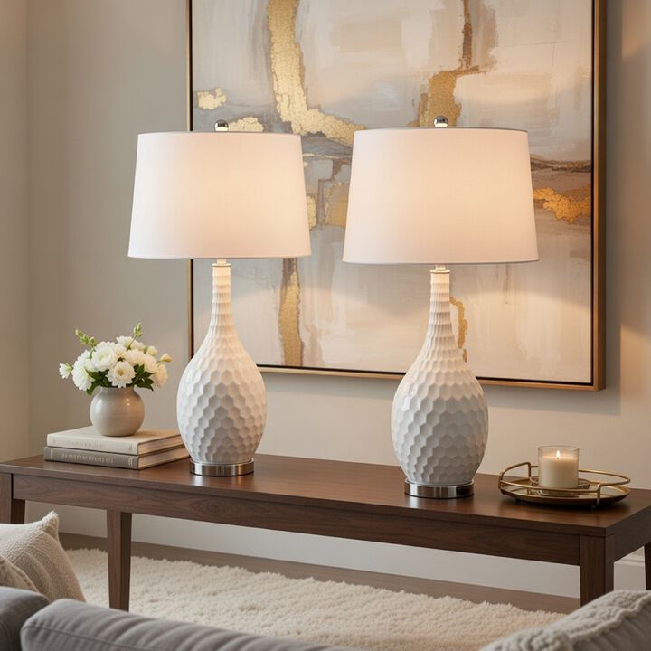 Table Lamp Set of 2, Sculpted Slim Neck Glass Base, Off White Shade