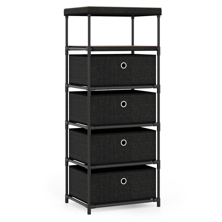 4 Drawer Storage Tower with Fabric Bins, Wood Top and Sturdy Metal Frame