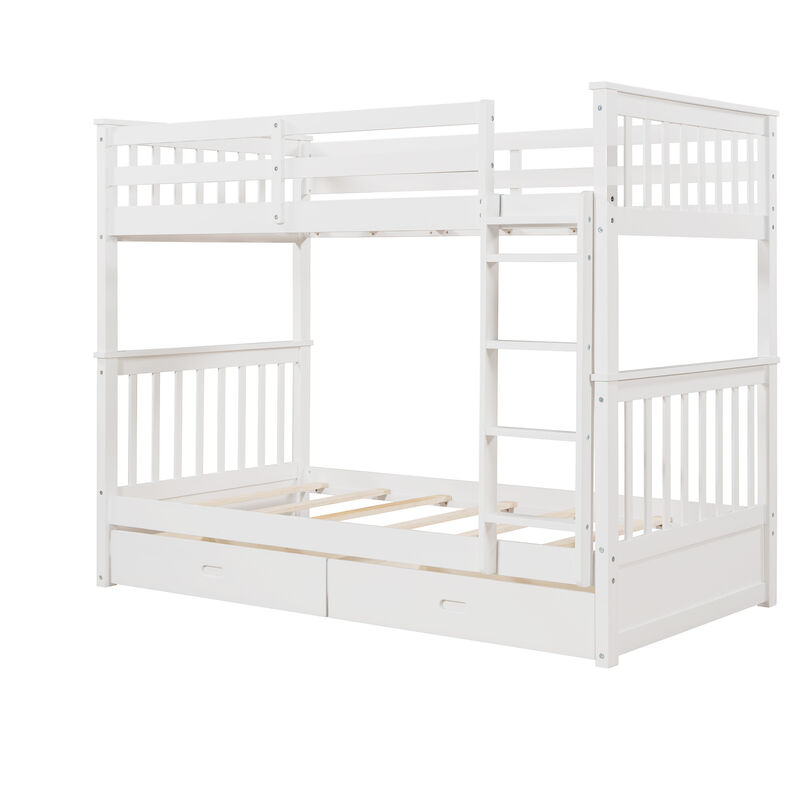 Whisen Twin-Over-Twin Bunk Bed with Ladders and Two Storage Drawers- White