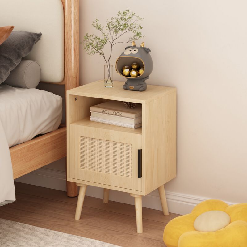 22.83" Assembled Rattan Nightstand with Door Open Shelf Solid Wood Legs image number 3