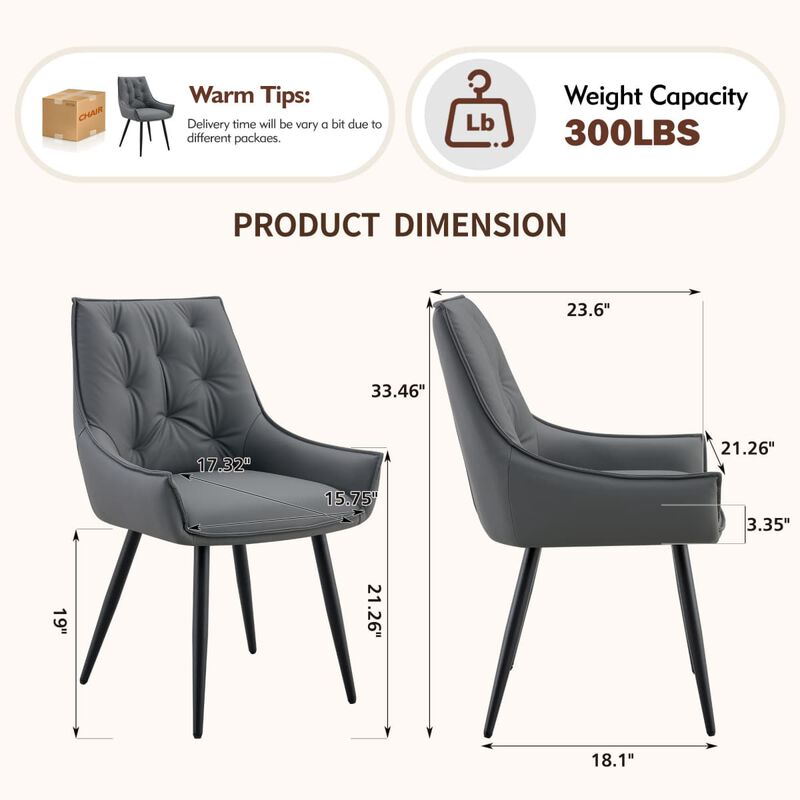 Set of 2 PU leather dining chairs rectangular button tufted dining chair solid back modern metal leg kitchen dining chairs wipe clean image number 2