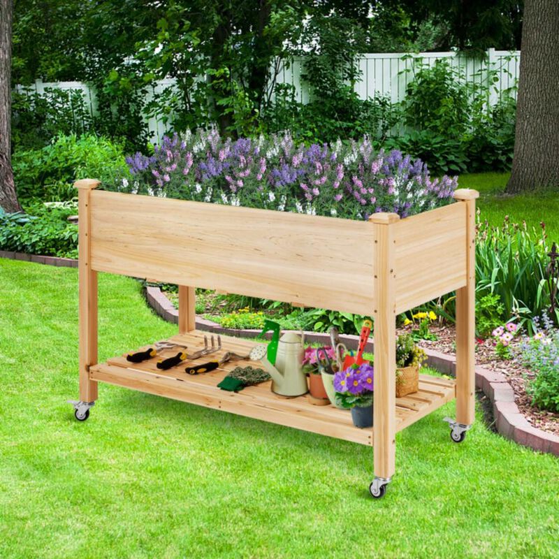 Hivvago Wood Elevated Planter Bed with Lockable Wheels Shelf and Liner