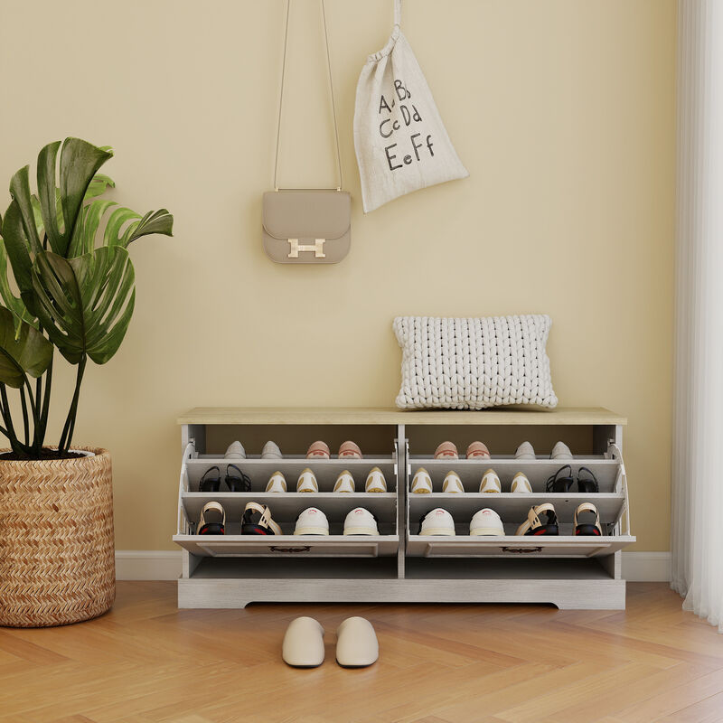 17.71 in. H x 41.33 in. W Antique White Shoe Cabinet with 2 Flip Drawers and Adjustable Shelf