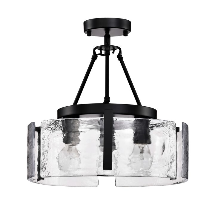 Cintia Black 3-Light Water Textured Glass Panel Drum Semi Flush Mount