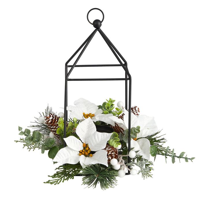 Nearly Natural 14-in Holiday White Poinsettia, Berries and Pine Cone Metal Candle Holder Table Christmas Artificial Arrangement