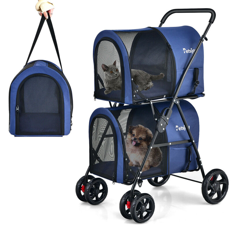 Costway 4-in-1 Double Pet Stroller w/ Detachable Carrier Travel Carriage for Cats Blue