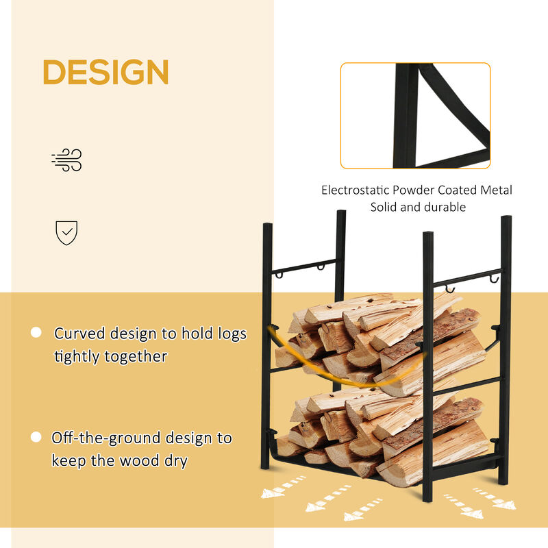 Outsunny Firewood Rack with Fireplace Tools, Indoor Outdoor Firewood Holder, Flat Bottom with 2 Tiers for Fireplace, Wood Stove, Hearth or Fire Pit, Black