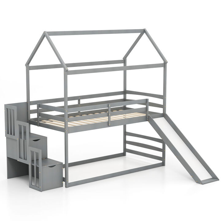Twin over Twin Bunk Bed with Slide and 2-Step Storage Staircase