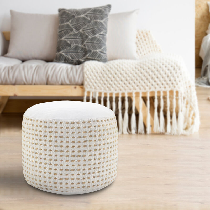 Jute Round Geometric Pouf Ottoman for Living Room or Bedroom Seating