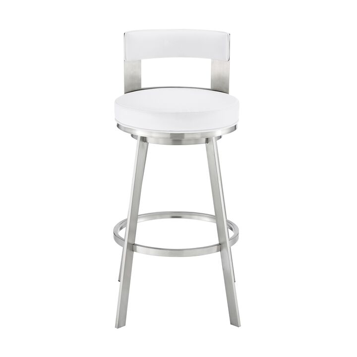 Ami 30 Inch Swivel Barstool Chair, White Faux Leather, Stainless Steel - Benzara