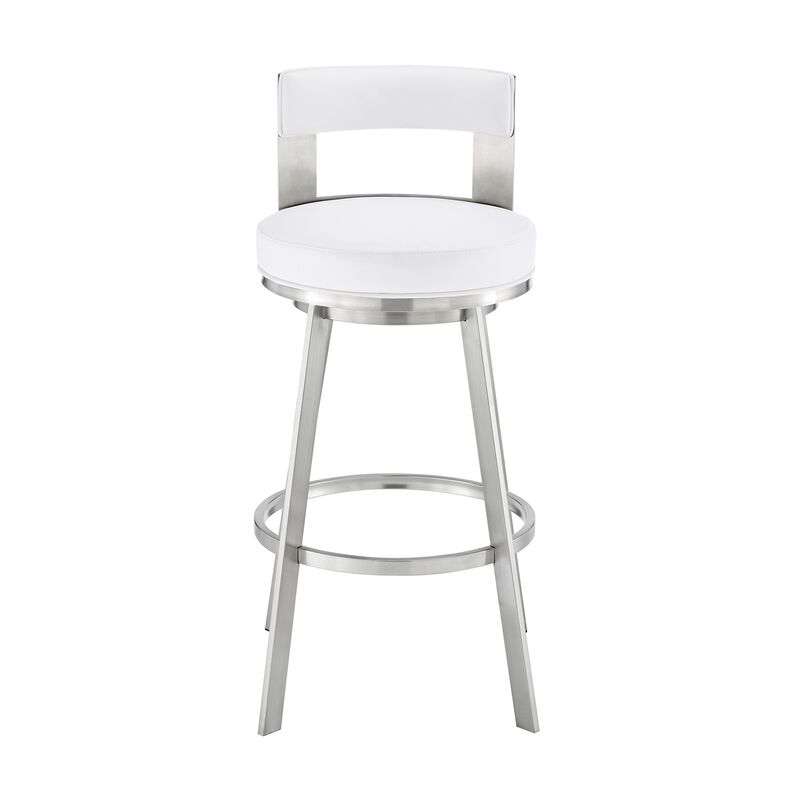 Ami 30 Inch Swivel Barstool Chair, White Faux Leather, Stainless Steel - Benzara