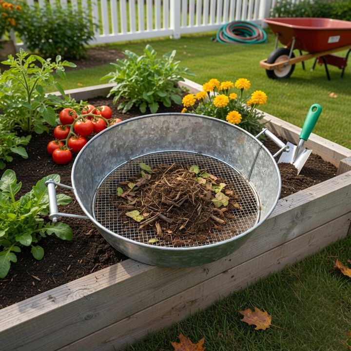 Round Galvanized Steel Compost Sifter with Wire Mesh Design Base, Antique Silver - Benzara