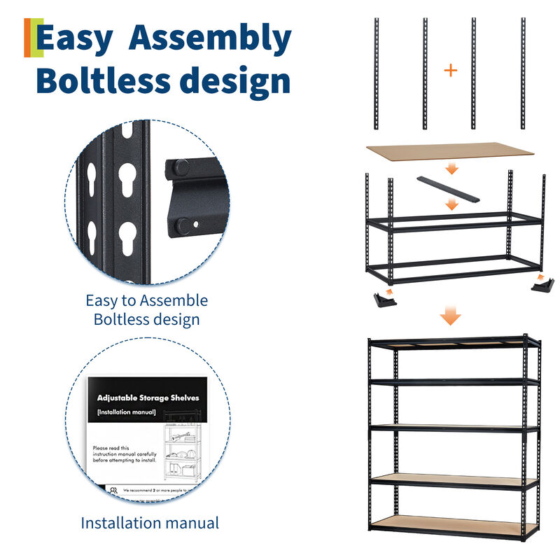 Heavy Duty 5-Tier Adjustable Metal Storage Shelves, 2500 lbs Capacity, Suitable for Garage, Kitchen, Pantry, Basement, Bathroom & Laundry Room image number 4