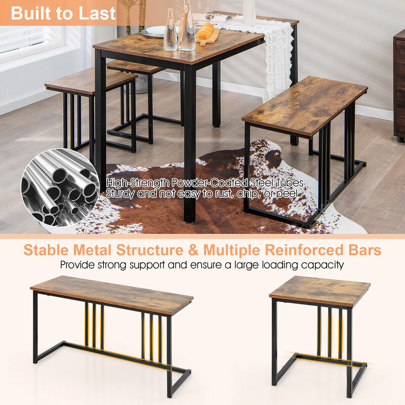 4 Pieces Industrial Dining Table Set with Bench and 2 Stools-Brown
