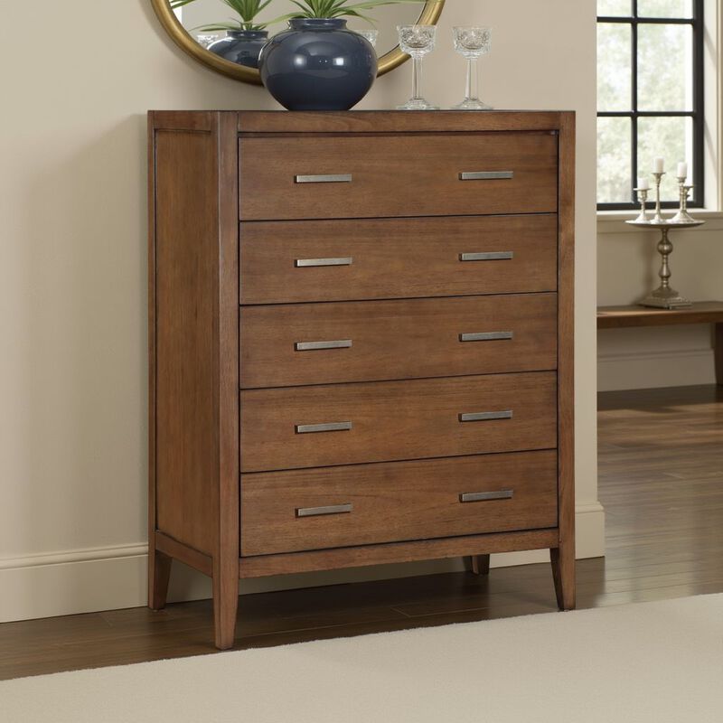 Evi Tall Dresser Chest, 5 Drawers, Brushed Rich Brown, Brass Pulls