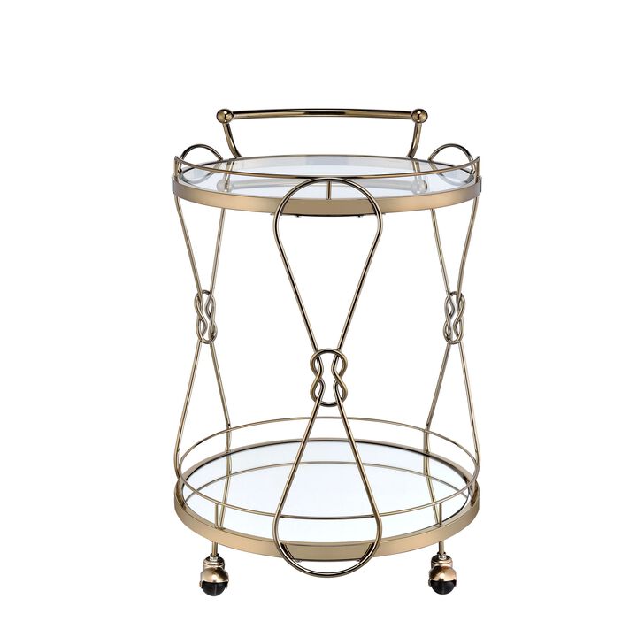Serving Cart with 2 Glass Shelves and Caster Support, Gold and Clear-Benzara