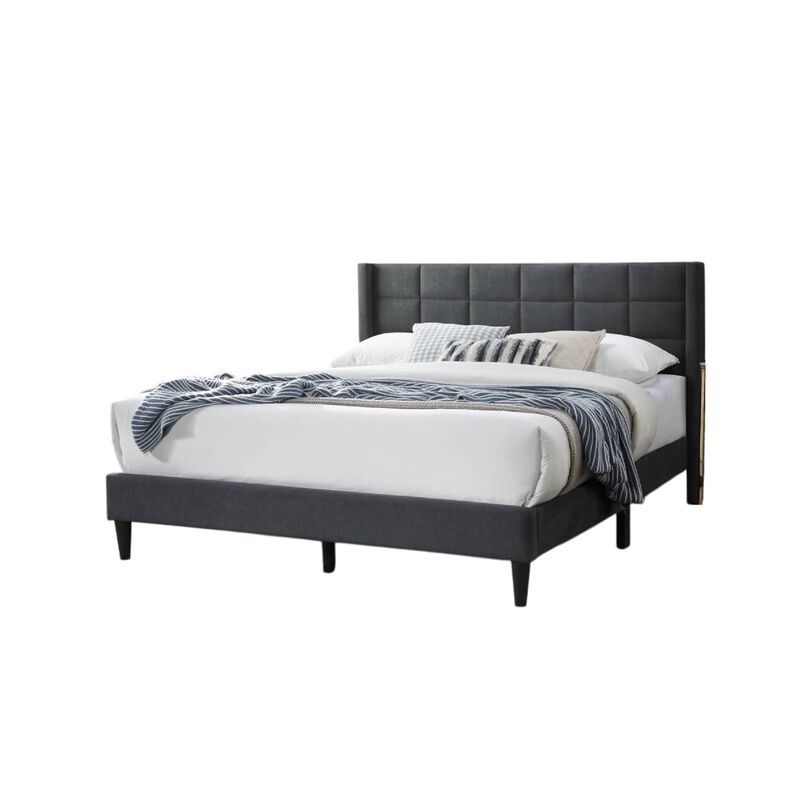 Meno Queen Size Bed, Square Stitched Charcoal Gray Linen Upholstery - Benzara