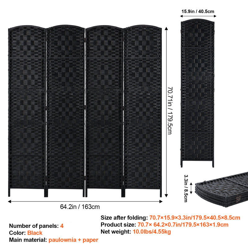 Portable 4-Panel Privacy Screen with Hinges, Hand-Woven Divider for Home or Office
