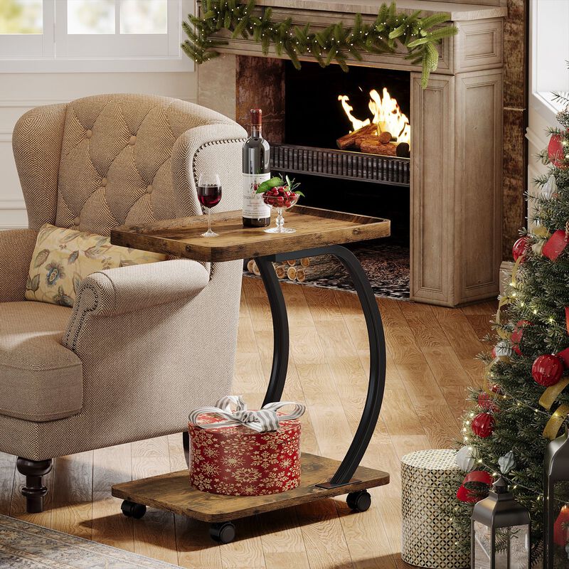 2-Tier C-Shaped End Table, Side Table with Wheels-Rustic Brown image number 5