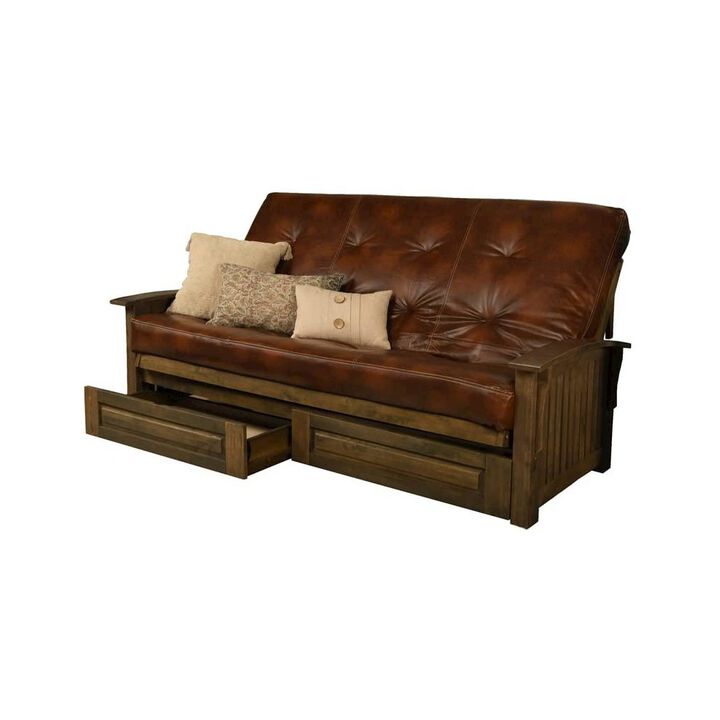 Washington Queen Frame-Rustic Walnut Finish-Oregon Trail Saddle Mattress-Storage Drawers