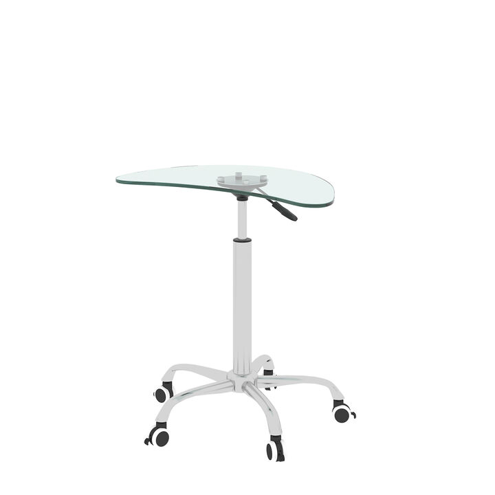 Adjustable Height Transparent Tempered Glass Table Desk Table with Lockable Wheels