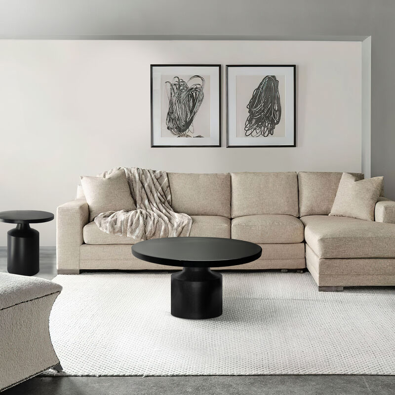 Zoe 30 Inch Round Coffee Table with Pedestal Base, Sleek Modern Silhouette, Matte Black Powder Coated Metal