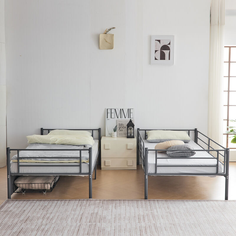 Space-Saving Convertible Bunk Bed with Metal Frame and Two Drawers