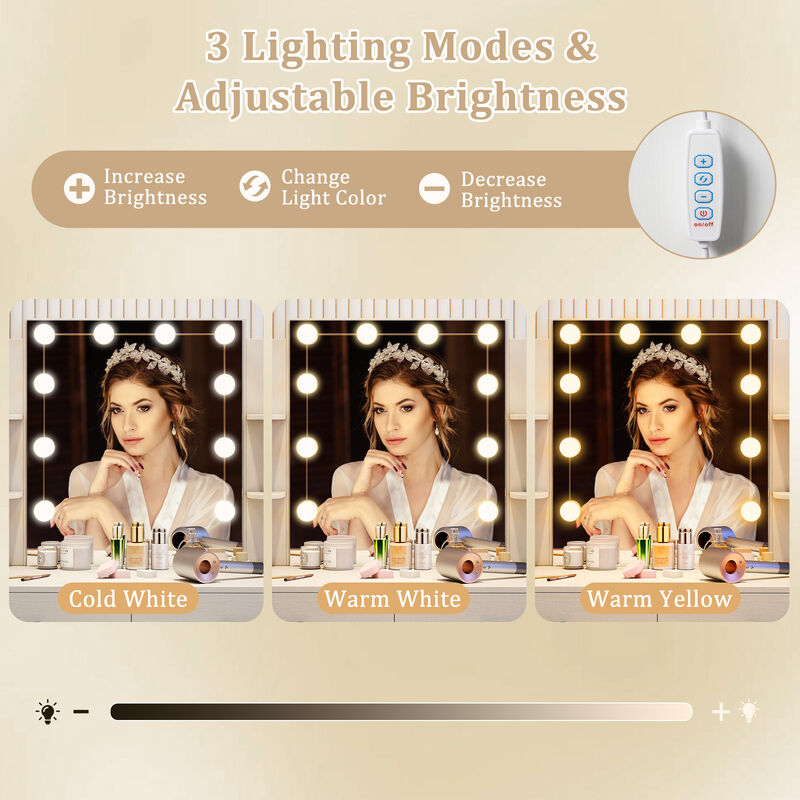 Vanity Set with Lighted Mirror and Stool with Power Outlet