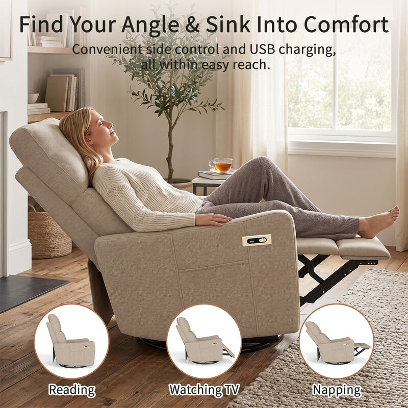 Power Swivel Recliner Rocking Chair,  270&deg; Swivel Rocker Chair, Upholstered Fabric Glider Recliner Nursery image number 3