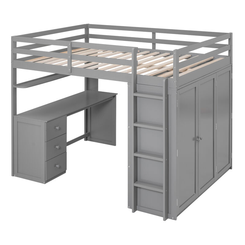 Full size Loft Bed with Drawers,Desk,and Wardrobe-Gray