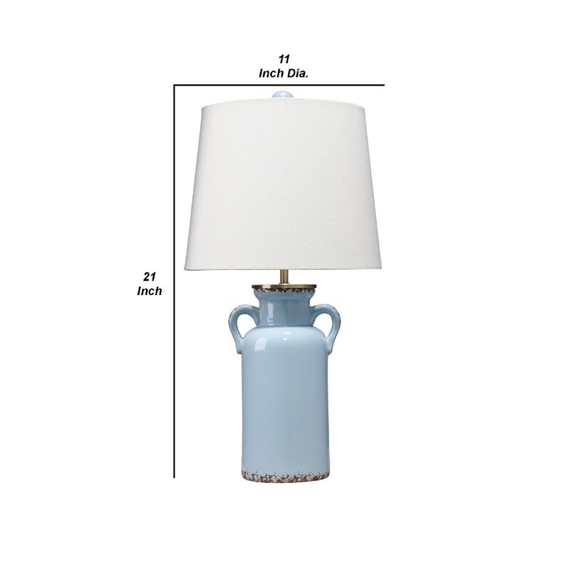 21 Inch Ceramic Table Lamp with Handles, White and Blue-Benzara