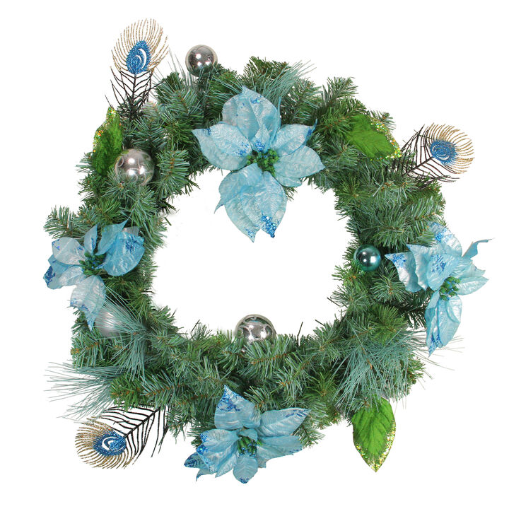 Peacock Poinsettia Artificial Christmas Wreath - 24-Inch  Unlit