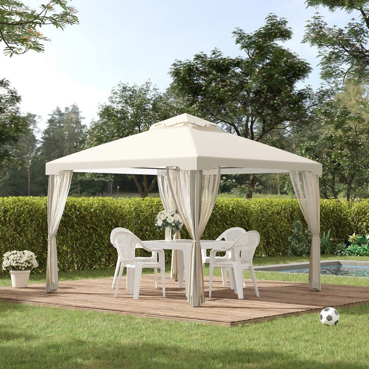 10' x 10' Patio Gazebo Outdoor Canopy Shelter with 2-Tier Roof and Netting, Steel Frame for Garden, Lawn, Backyard and Deck, Cream White