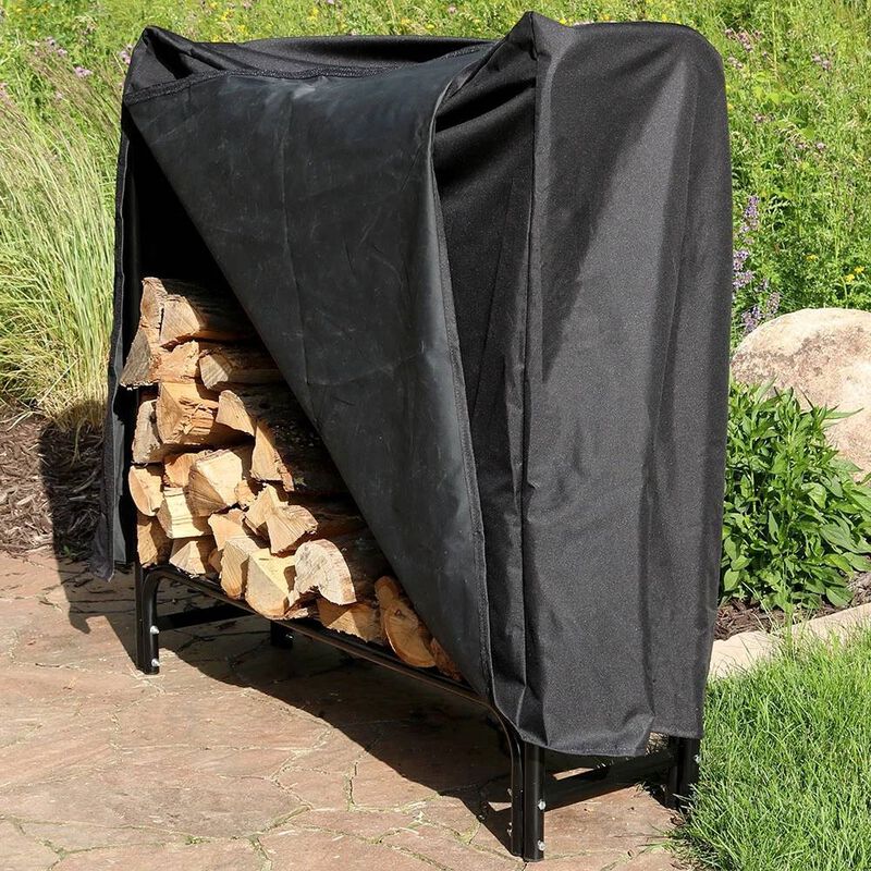 Metal Firewood Storage Rack Log Holder with Protective Cover for All-Weather Use