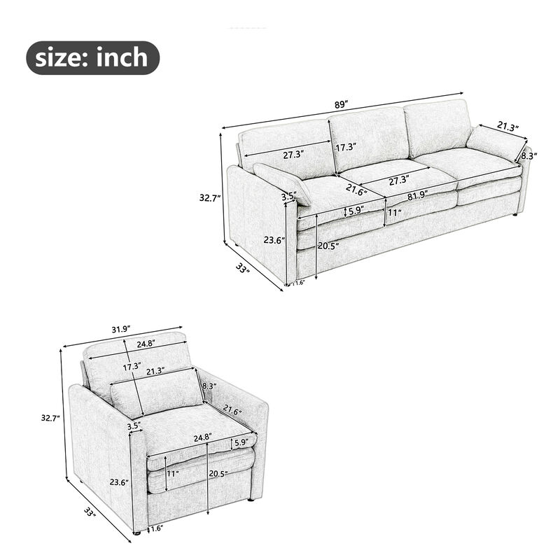 Oversized Double Cushion Sofa Couch, Cloud-Like Plush Upholstered Comfy Living Room Furniture Set