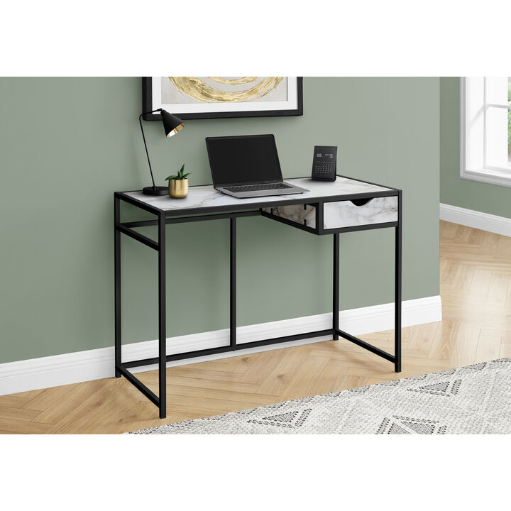 Monarch Specialties I 7571 Computer Desk, Home Office, Laptop, Storage Drawer, 42"L, Work, Metal, Laminate, White Marble Look, Black, Contemporary, Modern