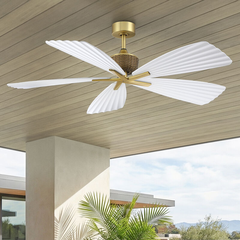 56" Tropical White Pleated Leaf Blades Reversible Ceiling Fan with Remote, No Light image number 1